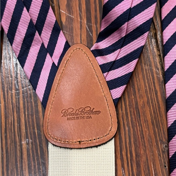 Brooks Brothers Pure Silk Calfskin Leather Paddles Suspenders O/S Silver Logo - Picture 4 of 6
